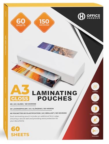 A3 Laminating Pouches – 60 Sheets | 150 Micron | Gloss Finish | Waterproof, Durable, Trimmable, Wipeable | 3mm Border for Secure Sealing | Ideal for Posters, Certificates, Signs & Artwork