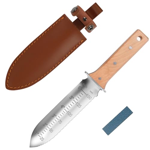 FLORA GUARD Professionelles Hori Hori Gartenmesser mit Lederscheide, Edelstahlklinge, inklusive Schleifstein, zum Jäten, Graben, Beschneiden und Kultivieren (Holzgriff)., 9.99 €