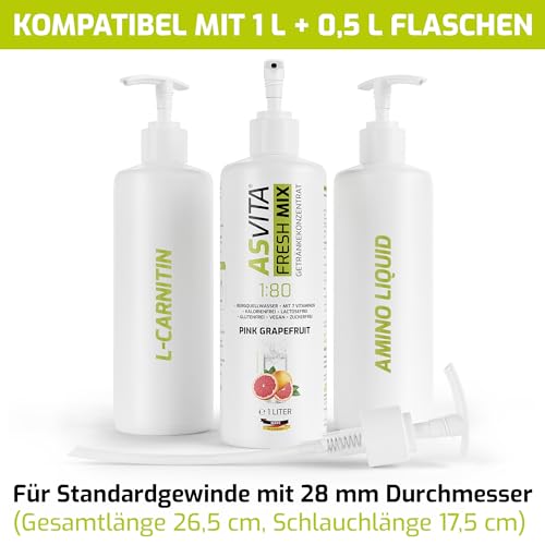 AsVita Fresh Mix Konzentrat Dosierpumpe Komfort 1 Liter Flasche (1 Stk.) Dosierspender für 500ml - 1000ml Flaschen - 28mm Gewinde - Lebensmittelecht z.B. für Getränke-Konzentrate, sirup
