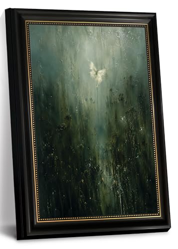 White Butterfly in Misty Forest Wall Art Decor, Black Framed Canvas Print