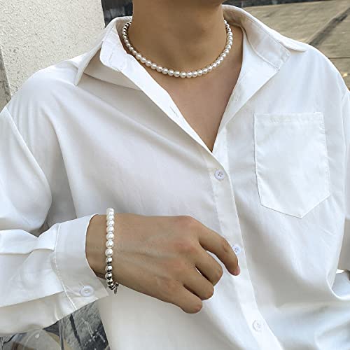 Pearl Necklace For Men Fashionable Faux Pearl Bracelet Pearl Necklace Bracelet Set Pearl Choker Necklace For Boys Gold Silver White Round Pearl Necklace Bracelet(Silver) #TOP2
