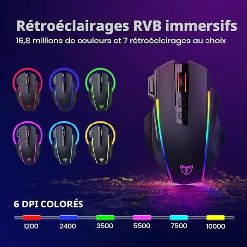 RisoPhy Souris Gamer sans Fil, Tri-Mode, 10000 PPP RVB Souris Gaming, Noire – vue 3