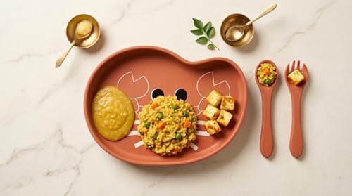 Image of TIGGY & BONNET Crab 2 Pcs Silicone Baby Feeding Set | BPA-Free, Microwave Safe, Anti-Slip Base, Suction Plate & Spoon