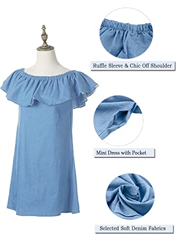 Image of Women's Blue Jean Dress Off Shoulder Ruffle Short Sleeve Loose Denim Mini Dress with Pocket