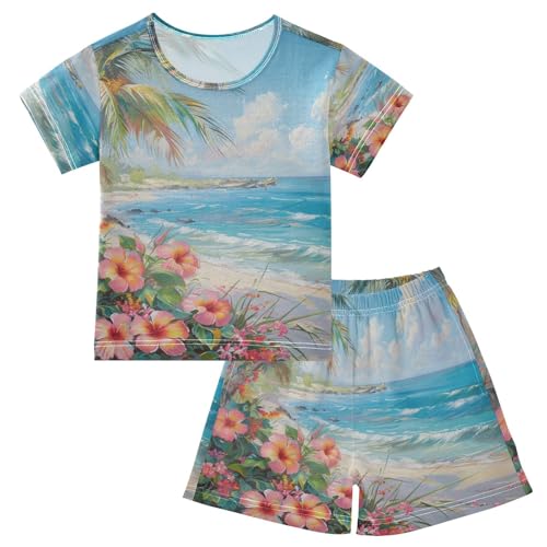 ALAZA Tropical Flowers on The Summer Beach Pajama Set Short Sleeve Sleepwear Soft Lounge Nightwear