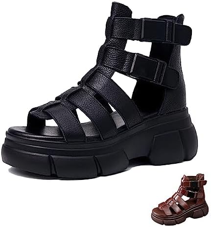 Optigard Women's Leather Platform Gladiator Sandals with Back Zipper, Open Toe Non-Slip High-Top Fisherman Sandals Comfortable Chunky Dress Party Roman Shoes - Image 4