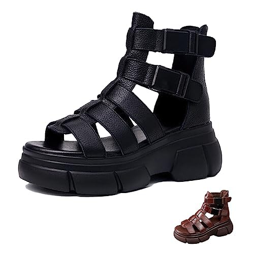 Optigard Women's Leather Platform Gladiator Sandals with Back Zipper, Open Toe Non-Slip High-Top Fisherman Sandals Comfortable Chunky Dress Party Roman Shoes2