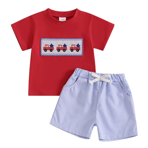 Image of 4th Of July Toddler Boy Outfit Popsicle American Flag T-Shirt and Gingham Plaid Shorts Set Independence Day Clothes