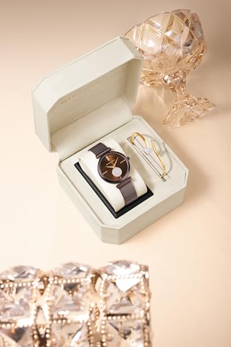 Image of Giordano Eleganza Analog Watch for Women - Round Dial with Crystal Studded Accents & Metallic Mesh Strap - Includes Matching Heart-Charm Gold-Tone Bangle