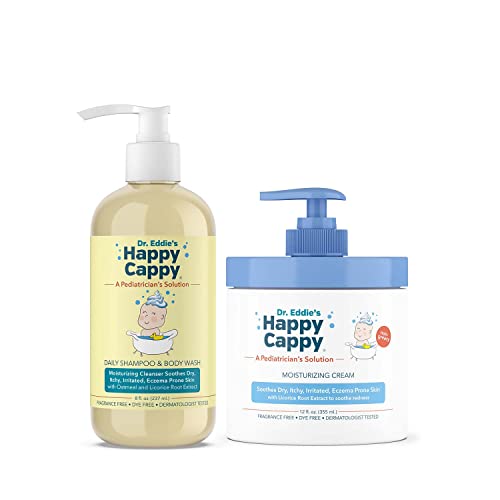 Image of Happy Cappy Baby Shampoo, Body Wash, & Moisturizing Cream Bundle - Eczema Body Wash and Lotion for Kids & Toddlers, Helps with Dryness, Reduces Itching, Dermatologist Tested, Fragrance-Free