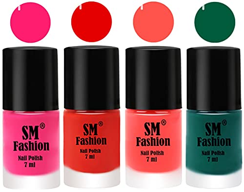 Image of Nail Polish Combo Set (Pack of 4) Quick Dry Gel Finish Nail Paint | Deep Pink,Fire Orange,Baby Pink,Green | 7 ml Each