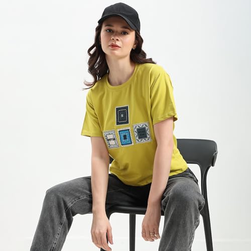 Image of Women Printed T Shirt Cotton Blend Yellow | Graphic Printed T Shirt for Women | Casual Wear Regular Fit Round Neck Half Sleeve Top for Girls