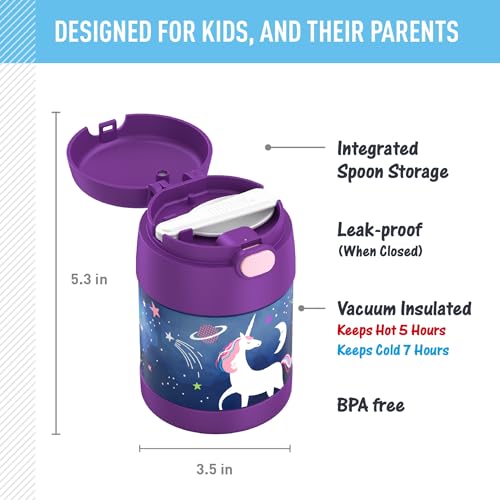 THERMOS FUNTAINER Insulated Food Jar, 10 Ounce, Kid Friendly Food Jar with Foldable Spoon, Space Unicorn