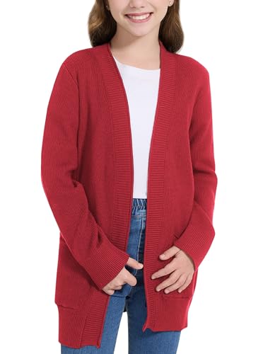 Image of WULFUL Girls Long Sleeve Cardigan Kids Casual Open Front Oversized Sweater with Pockets