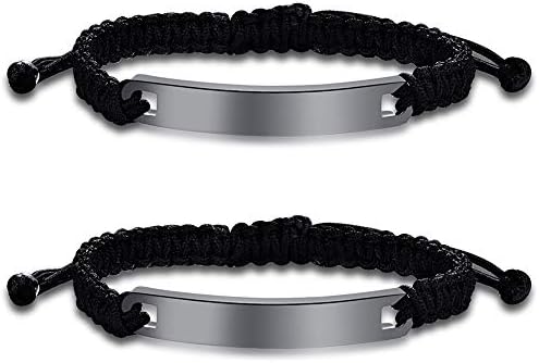 Thintom Customize Bangle Cuff Bracelet His Hers Handmade Rope Braided ID Name Matching Couples Bracelets for Lover Personalized Engrave (2pcs-Black)