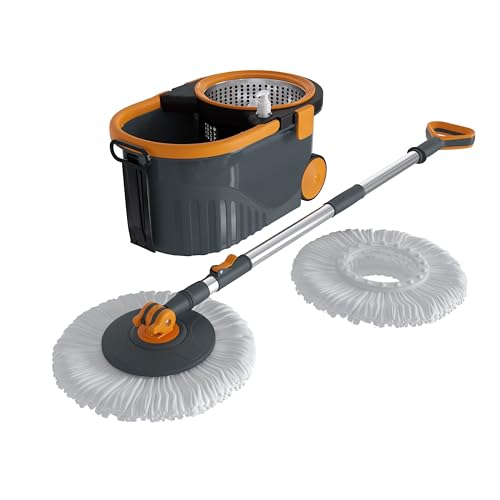 Bonkaso Spin Mop with Stainless Steel Wringer & Big Wheels | 360° Rotating Mop, Adjustable Handle | Easy Floor Cleaning Bucket Set with 2 Microfiber R