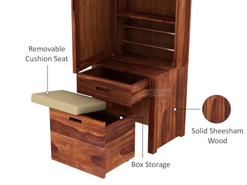Image of VeLivings Solid Wood Wooden Dressing Table for Bedroom with Drawer, Mirror and Large Storage Space with Stool | Long Dresser Table with Mirror (Honey Finish)