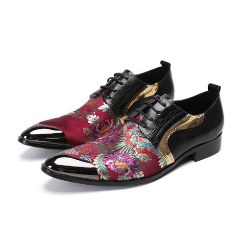 Men's Floral Embroidered Oxford Dress Shoes Black Leather Derby Shoes with Gold Accents Multicolor Pattern Lace-up Design Fashion Wedding Formal Oxfords