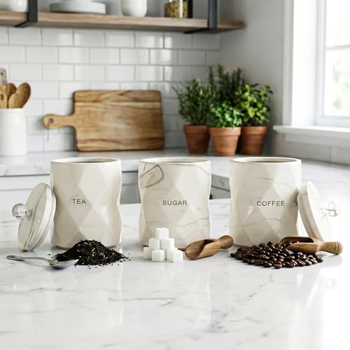 BMLIMITED Tea Coffee Sugar Canister Collection of 3 Marble Effect Ceramic Storage Jars Airtight Crystal Lid Kitchen Counter Canisters for Coffee Tea Sugar Modern Kitchen Decor Gift Set