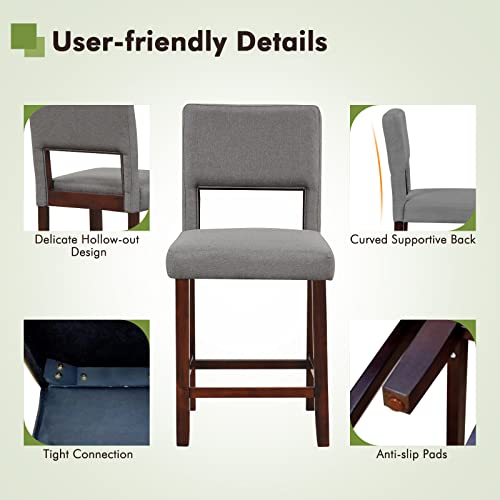 Image of COSTWAY 24.5'' Counter Height Barstools Set of 2 w /Rubber Wood Legs, Grey | Linen Upholstered Bar Stools w / Hollowed Back & Footrest, Mid-century Modern Tall Chair for Kitchen Island Home Bar Pub