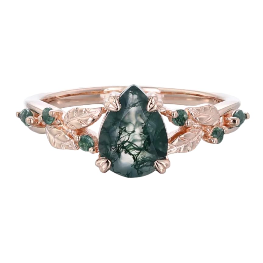 Moss Agate Engagement Ring for Women 1.5 CT Pear Cut Moss Agate Ring Sterling Silver 10K 14K 18K Gold Rose Gold Rings with Twist Leaf Design