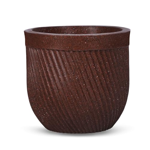 Image of Bonkaso 10 Inch Seltos Ribbed Planter for Indoor & Outdoor Use | Round Heavy Duty Polymer Flower Pot | Lightweight Weather Resistant Modern Gamla for Living Room Balcony & Terrace (Brown)