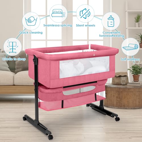 Image of YADAQE Baby Bassinet, Baby Basinet Bedside Sleeper, Easy to Fold Portable Crib Side Bassinet 2025new Style Girl /boy bassinets (Pink)