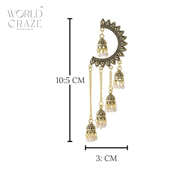 Image of WORLD CRAZE Multicolour long kashmiri jhumka for women chandbali earrings chand baliyan | kashmiri earrings for women | bahubali earrings stylish | Traditional Indian Festive Jewelry | Long Chain Tassels | Pearl Drop Latkan Jewellery (Multi colour)