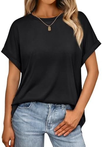 AUTOMET Women's Oversized Short Sleeve T Shirts Casual Drop Shoulder Rolled Cuff Summer Tops for Work, Travel and Lounge