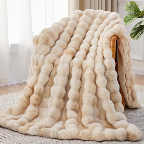 Faux Fur Throw Blanket, 1000GSM Fluffy Soft Bubble Blanket for Couch Bed, Cozy Plush Warm and Thick Blanket, Fuzzy Rabbit Throw for Living Room Bedroom 80''*90'' Tie-dye Brown