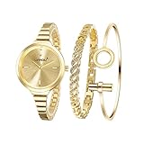 Weicam Women's Watch Elegant Crystal Cuff Bangle Bracelet Watch Sets Analog Quartz Wrist Watches (Gold)