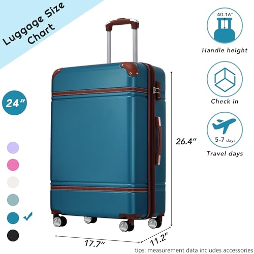 Hardshell Luggage with TSA lock, 24" Expandable Lightweight Suitcase with Spinner Wheels, Single Vintage Luggage,Blue2