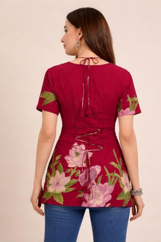 Image of Women's Floral Pure Cotton V-Neck Short Kurti (Has Lining) | Lightweight Short Sleeve Tunic | Breathable Stylish Casual & Office Wear Top