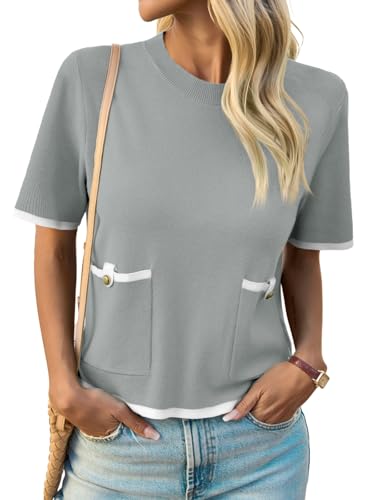 Image of Saodimallsu Women's Short Sleeve Color Block Crew Neck Sweater