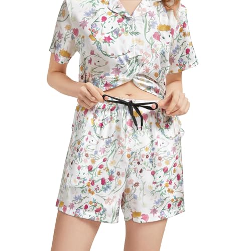 Image of Silk Satin Pajama Set for Women Summer Lounge Pjs Sets 2 Piece Suit Ladies Button Down Tops And Shorts Sleepwear