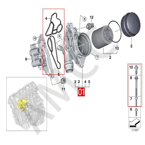 Image of AMCC Oil Cooler Gasket Set Regular Black (5Pcs) Set of：11428637820 | Suitable for BMW All Models All Models E60 E90 F18 F30 N20 N52 N54 N55 Engine Oil Filter Housing Gasket Set of：11428637821