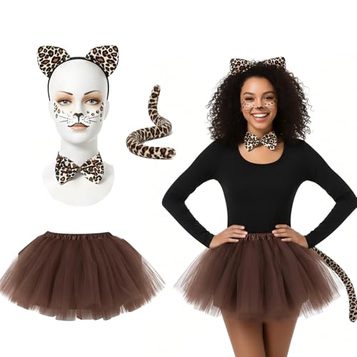 Costume Carnaval, 5 Pièces Deguisement Leopard Déguisement Animaux, avec Tutu Jupe, Autocollants Visage Léopard, Léopard Serre-tête, Queue, Noeud Papillon, pour Cosplay Carnaval Costume Fête à thème