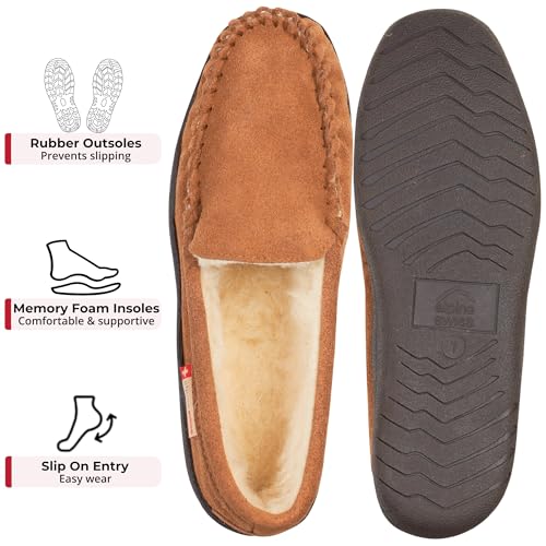 Image of Alpine Swiss Men's Moccasin Slippers Genuine Suede Slip-On House Shoes Memory Foam Insoles Plush Faux Shearling Lining Comfortable Indoor Outdoor Slipper with Anti-Slip Rubber Sole