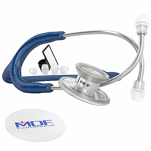 MDF Instruments, Acoustica Lightweight Stethoscope for Doctors, Nurses, Students, Home Health Use, Adult, Dual Head, Navy Blue Tube, Silver Chestpiece-Headset, MDF747XP04