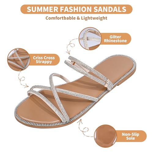 Women's Glitter Rhinestone Flat Criss Cross Strappy Open Toe Sandals Slip On Slippers2
