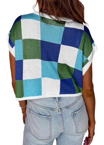 YEXIPO Womens Cap Sleeve Crop Tops Summer Color Block Crew Neck Lightweight Casual Knit Pullover Sweaters Trendy T Shirts2