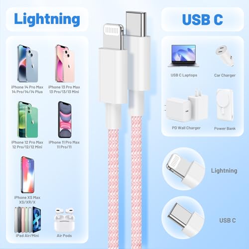 Image of USB C to Lightning Cable 2Pack 6FT+10FT,[Apple MFi Certified] Nylon Braided iPhone Fast Charging Cable, Power Delivery Charging Cord for iPhone 14 13 12 11 Pro Max /XS /Max /XR /8 /7,Pad Air /Pro,Red