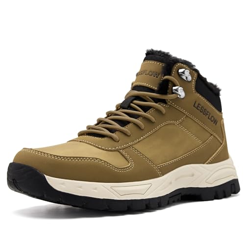Mens Winter Snow Boots Anti Slip Hiking Shoe Warm Fur Lined Work Walking Ankle Shoes Leather Casual Lightweight Outdoor Cold Weather Brown 11.5