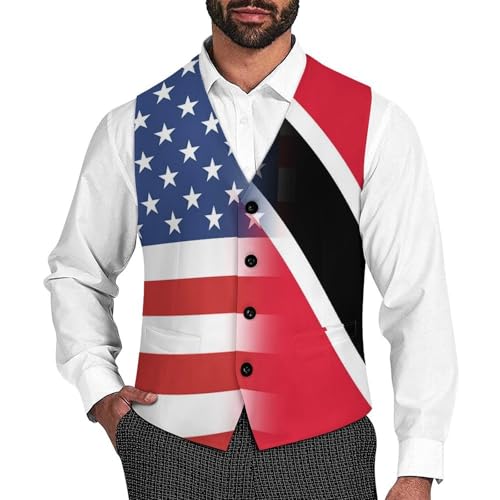 USA And Trinidad And Tobago Flag Suit Vest for Men Slim Fit Sleeveless Jacket V Neck Business Waistcoat Button Up Dressy Top