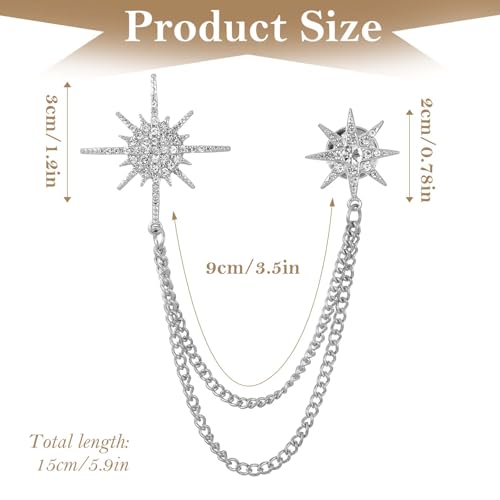 Image of Silver Rhinestone Star Brooch for Women, Crystal Snowflake Brooch Lapel Pins Fashion Broach Pin Dress Suit Accessories with Tassel Chain Clothing Clip Broach for Women Men