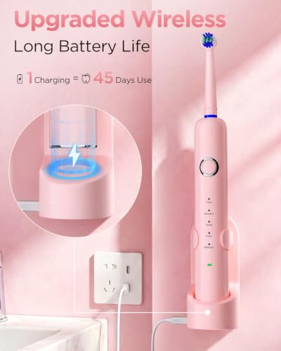 Image of Rtauys Rotating Electric Toothbrush for Adults with 8 Brush Heads (2 Types), 5 Modes Rechargeable Power Toothbrush with Travel Case and 2 Minute Smrte Timer (Pink)