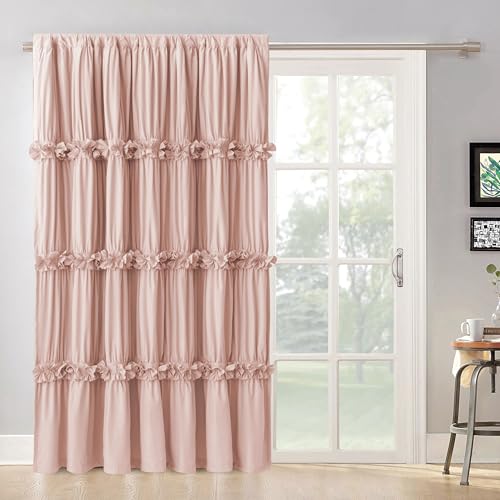 Image of Homechoice Decor Room Divider Window Curtains, Boho Ruched Blackout Window Treatments with 3 Rows of Butterfly Flowers, Rustic Rod Pocket Drapes for Living Room, 100 inch W x 84 inch L, Peach Pink (LQ-30)