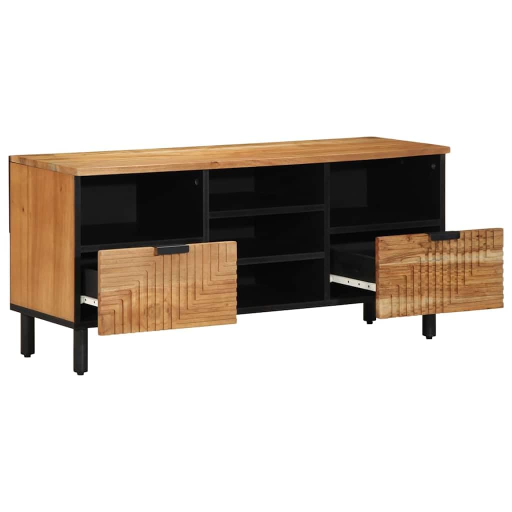 Mueble bajo para TV (madera maciza, mango marrón, 100 x 33 x 46 cm) | Elegante mueble de TV para sala de estar y dormitorio con amplio espacio de almacenamiento y elegantes cajones de madera.