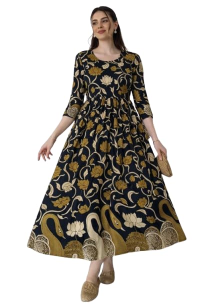 Women Rayon Printed Anarkali Kurta Dress, Floral Printed Flared Midi Dress with 3/4 Sleeve, Casual Ethnic Long Kurti Gown for Women-picture-25