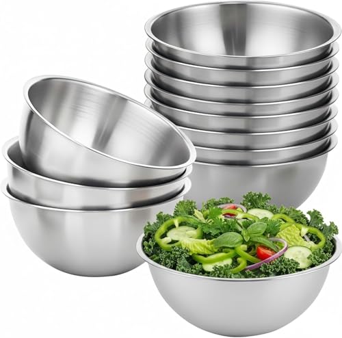 12 Pcs 304 Stainless Steel Mixing Bowls with Graduations Metal Serving Salad Bowls Reusable Baking Food Storage Containers for Baking Cooking Making Salads Soups Ice Cream Noodles cereal